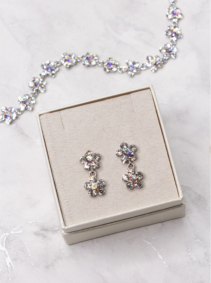 Small Daisy Crystal 2 Drop Earrings - Clear Ab